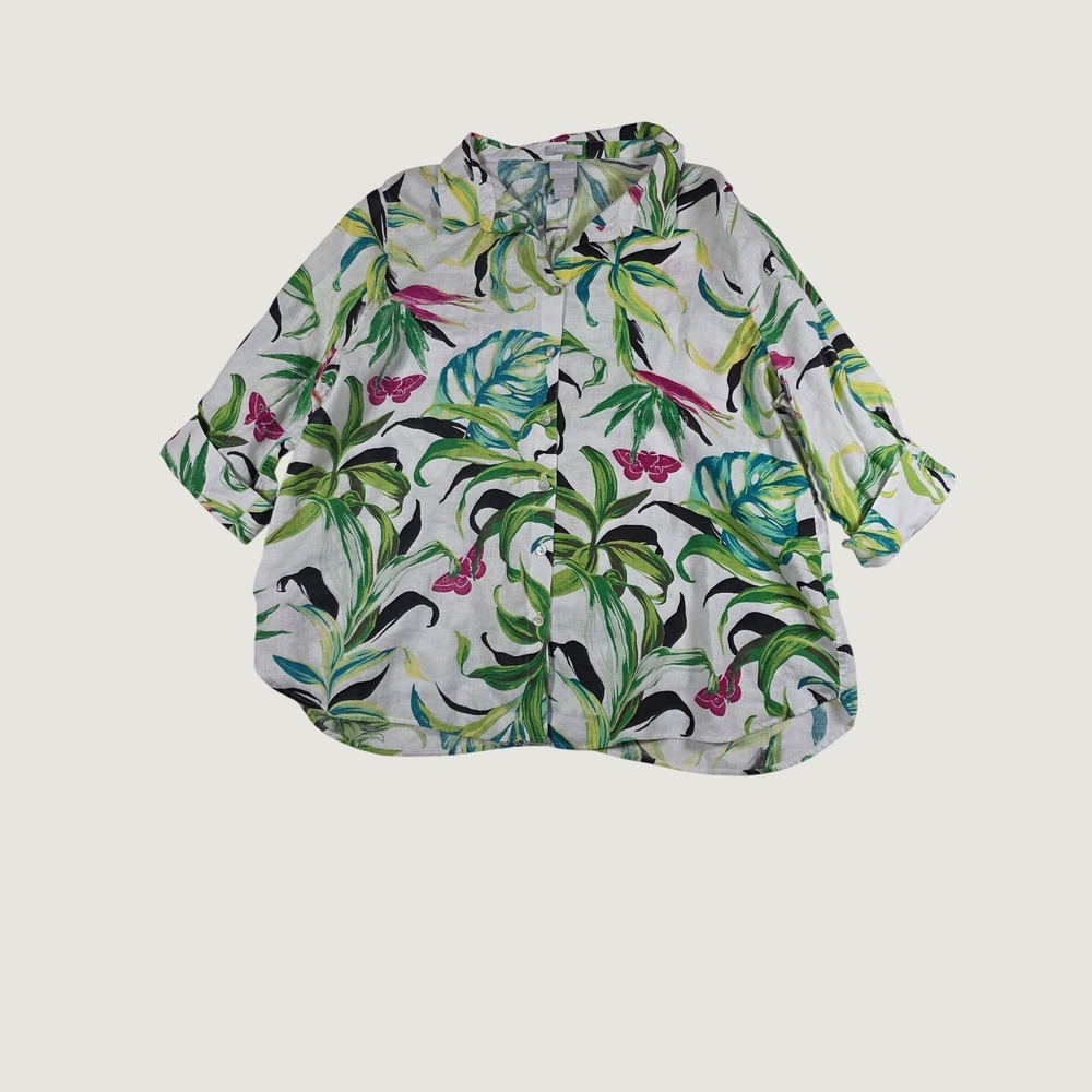 Chico's 100% Linen Blouse No Iron 4 XXL White Tropical Palm Print Resortwear